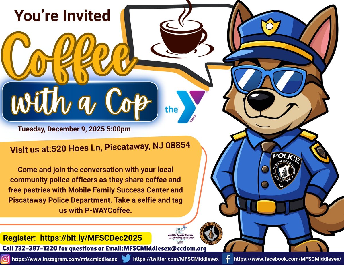 Join MFSC for Coffee with a Cop December 9th at 5pm at the Piscataway YMCA!