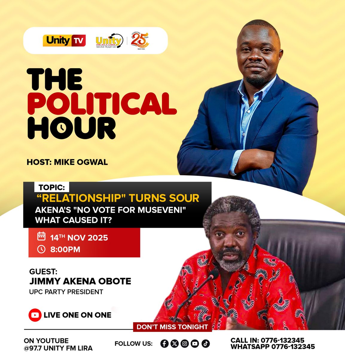 Tonight at 8:00 p.m., tune in to <a href="/977unityfm/">UNITY FM 97.7  LIRA</a> and catch up with the UPC President Hon. <a href="/AkenaJimmyMP/">akenajamesja</a>
