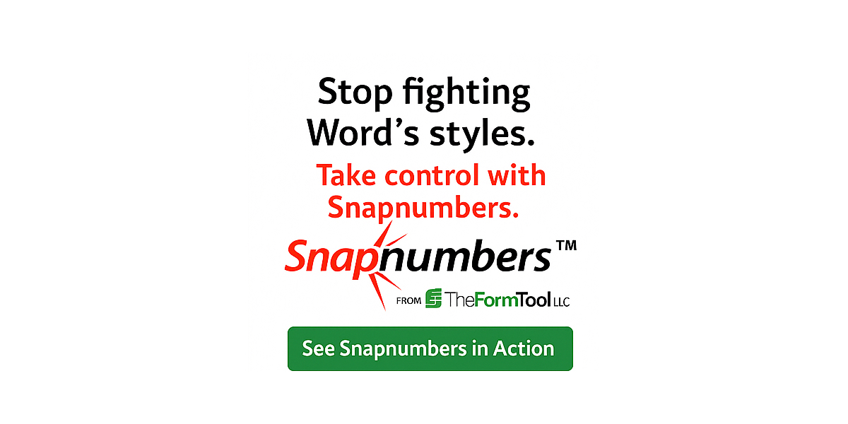 TheFormTool's tweet image. Word’s numbering system has opinions. Snapnumbers™ just has numbers.

theformtool.com/product/snapnu…

#MicrosoftWord #LegalTech #TheProfessionalStandard