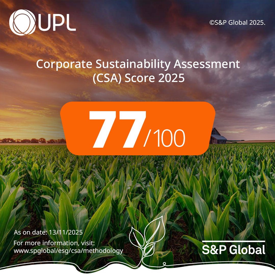 Proud to share that UPL earned the highest ESG score in the 2025 DJSI among agri solutions companies globally. ESG Score: 77/100. Only agri-solutions firm in DJSI World Index. Driving sustainability with science-based targets &amp; major reductions in waste, water &amp; carbon. #UPL