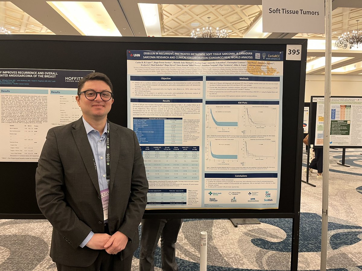 Honoured to present my first poster at #CTOS2025.
Our national real-world analysis of eribulin across 9 Canadian cancer centres provides important insights for treating pretreated soft-tissue sarcomas.
Proud to contribute to improving STS care.
#Sarcoma #Oncology