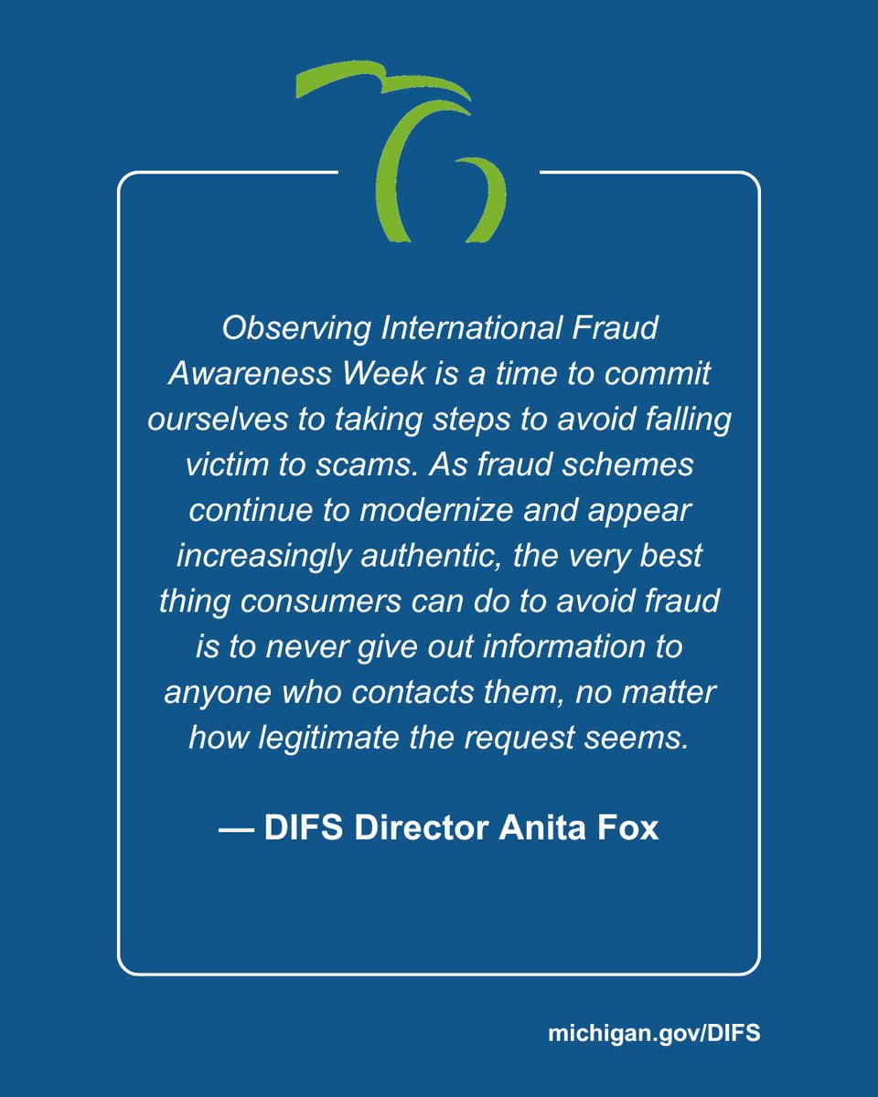 DIFS is celebrating the 25th anniversary of International Fraud Awareness Week, observed November 16-22, by providing tips to help Michiganders protect their personal and financial information from scammers. michigan.gov/difs/news-and-…