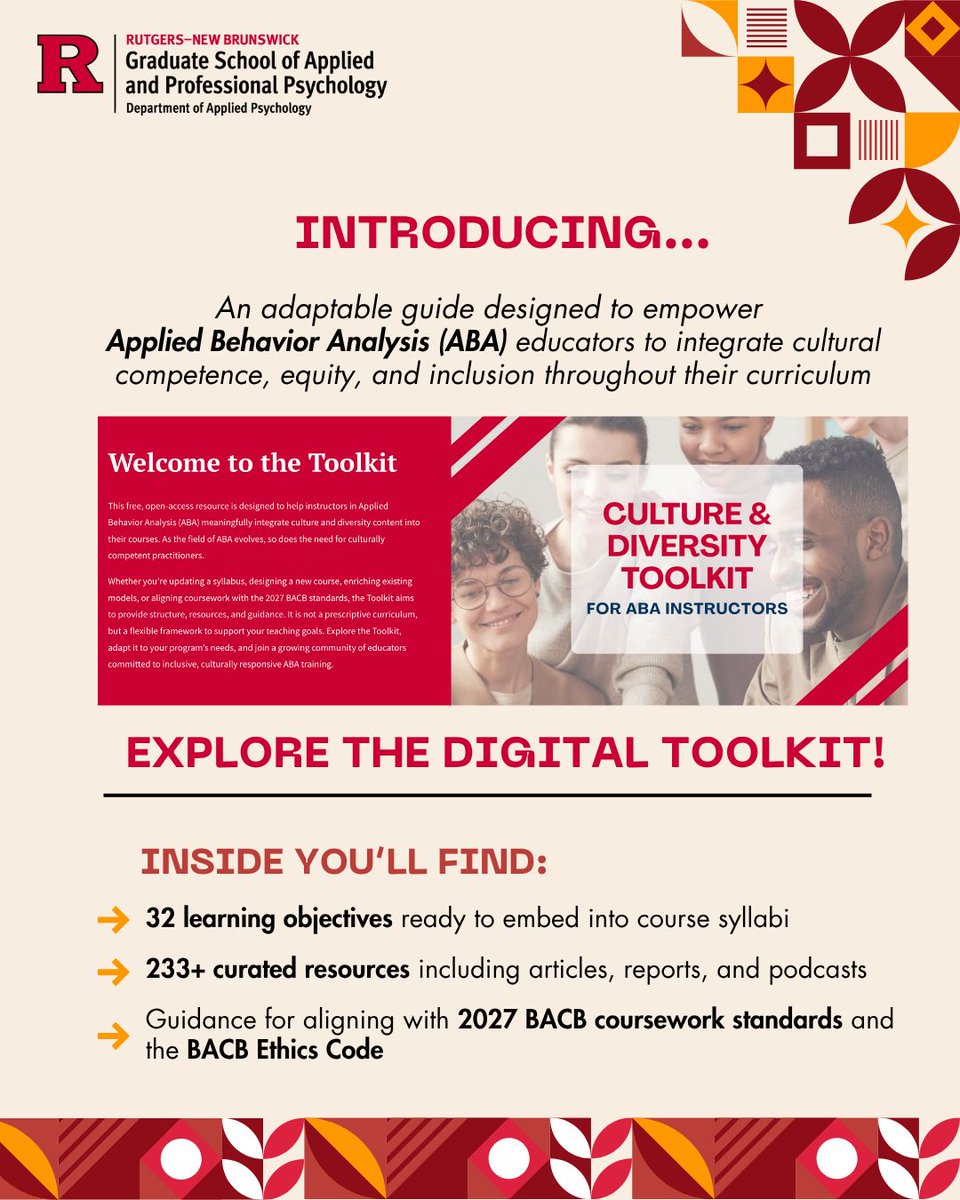RutgersGSAPP's tweet image. 📚 The Culture &amp;amp; Diversity Toolkit for #AppliedBehaviorAnalysis (#ABA) Instructors is live! A free resource supporting inclusive teaching aligned w/2027 #BACB standards. Created by #GSAPP’s Dr. Meghan Deshais &amp;amp; team w/support from #SEAB &amp;amp; RU #IDEA Grant.  
gsapp.rutgers.edu/culture-divers…