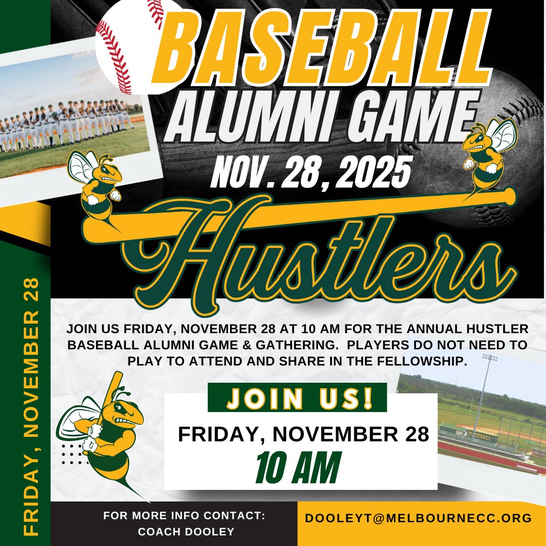 Annual MCC Baseball Alumni Game! 
Coach Dooley would like to invite all our Hustler Baseball Alumni and their families to join us at the Annual Baseball Alumni Game &amp; Gathering
Friday, November 28, 2025
10:00 am
Players do not need to play to share in the fellowship!