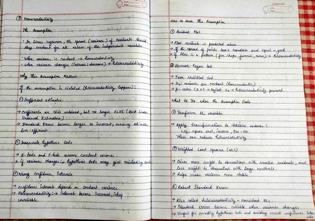 mili_booo's tweet image. Machine Learning:

Assumptions of Linear Regression -
- Normality of Residuals 
- Homoscedasticity