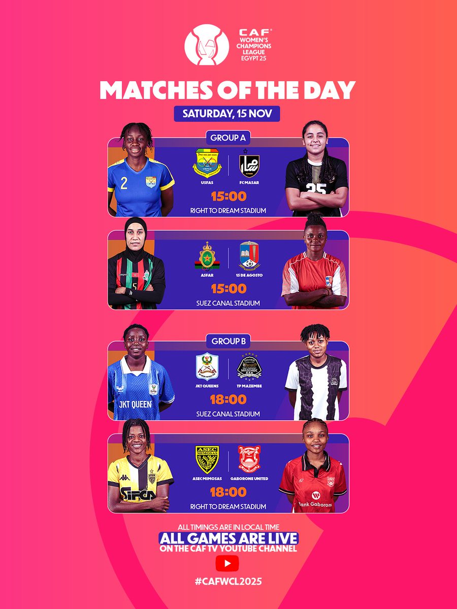 The margins are thin, the stakes are heavy. 😮‍💨

The final round of #CAFWCL2025 is here, who’s making it through? 👀

All the matches are 𝐋𝐈𝐕𝐄 on CAF TV YouTube channel. 🚨