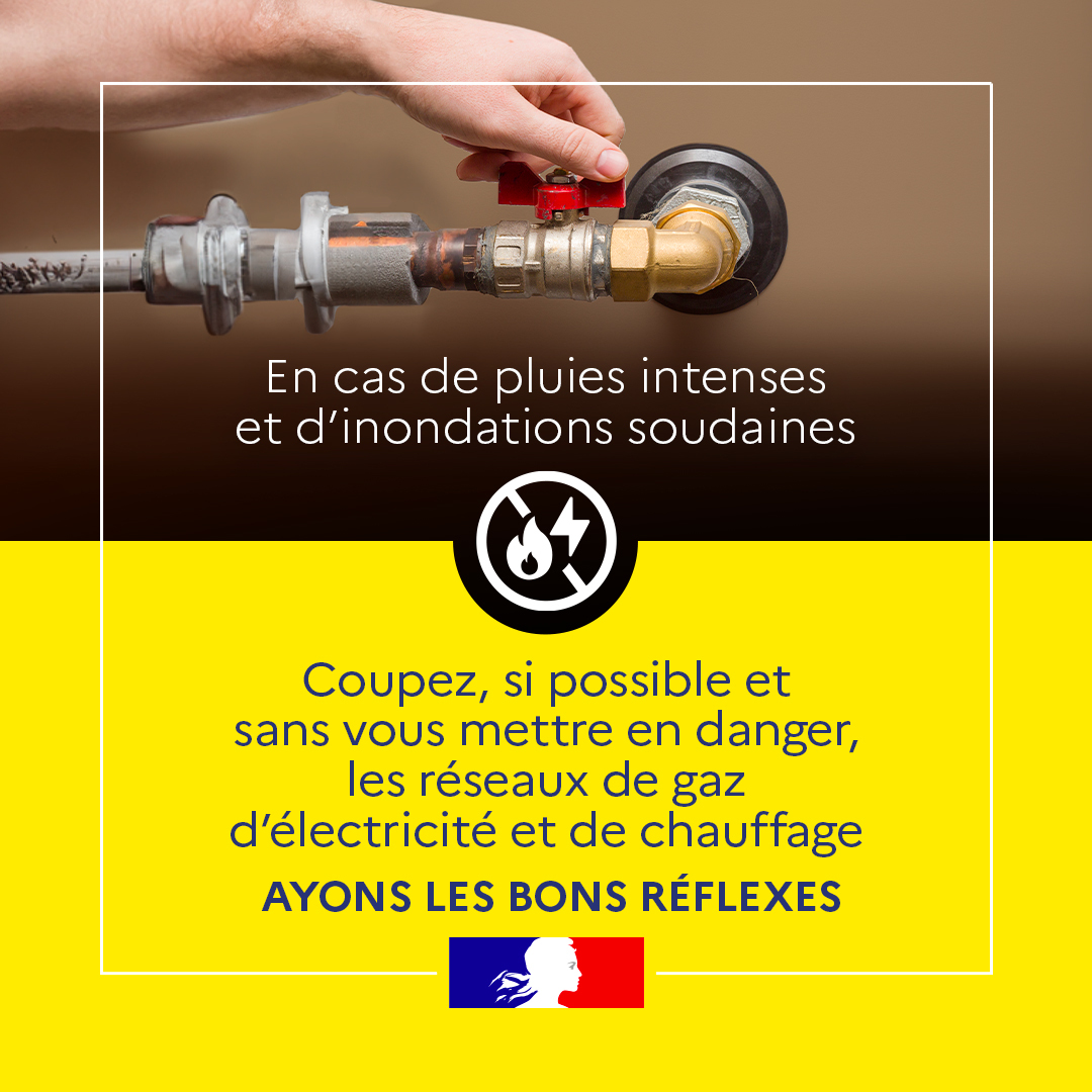 Prefet2A's tweet image. #PluieInondation | Ayons les bons réflexes ! 
 
⚡ Lors de pluie intense et d&apos;inondation soudaine, si possible, coupez les réseaux de gaz, d’électricité et de chauffage sans vous mettre en danger. 

Découvrez l&apos;ensemble des bons réflexes sur  👉  pluie-inondation.gouv.fr…