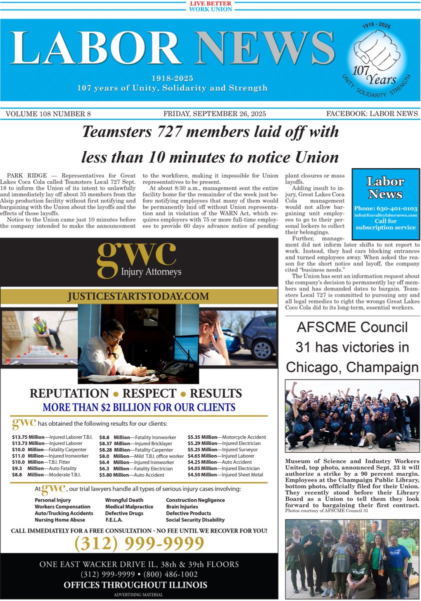 Great Lakes Coca Cola called <a href="/Teamsters/">Teamsters</a> 727 to inform them of its intent to unlawfully &amp; immediately lay off about 35 members from Alsip facility w/o 1st notifying &amp; bargaining w/Union about layoffs. 
<a href="/GWCLawChicago/">GWC Injury Lawyers LLC</a> have been fighting for rights of personal injury victims in IL