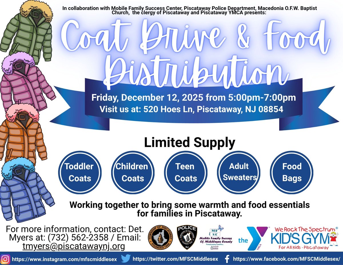 Coat Drive and Food Distribution at Piscataway YMCA 520 Hoes Ln, Piscataway. Come join MFSC and the community this holiday season!