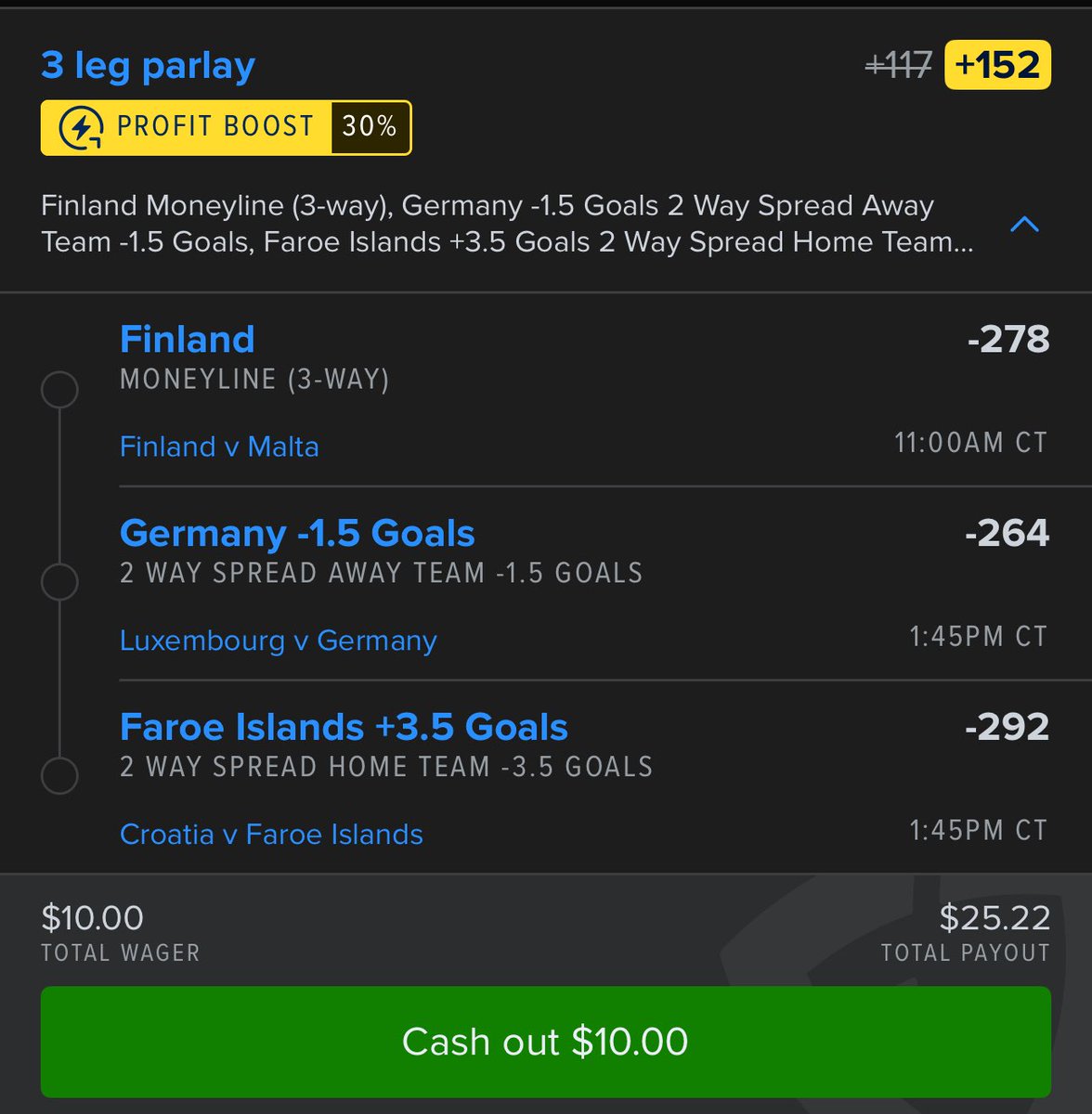 Badonkabets's tweet photo. 🪜 LADDER PLAYYY 🪜
            $269.68 ——> $588.81

3 SIMPLE LEGS HERE WITH SOME INTERNATIONAL SOCCER! LETS CASH THIS WINNER AND I HAVE MY EYES ON WHAT I LIKE FOR A BAND TONIGHT 💰💰

IT GOES LIKE THIS 
🇫🇮 
🇩🇪 
🇫🇴 
LETS RIDEEEEE https://t.co/JctNlCYGp4