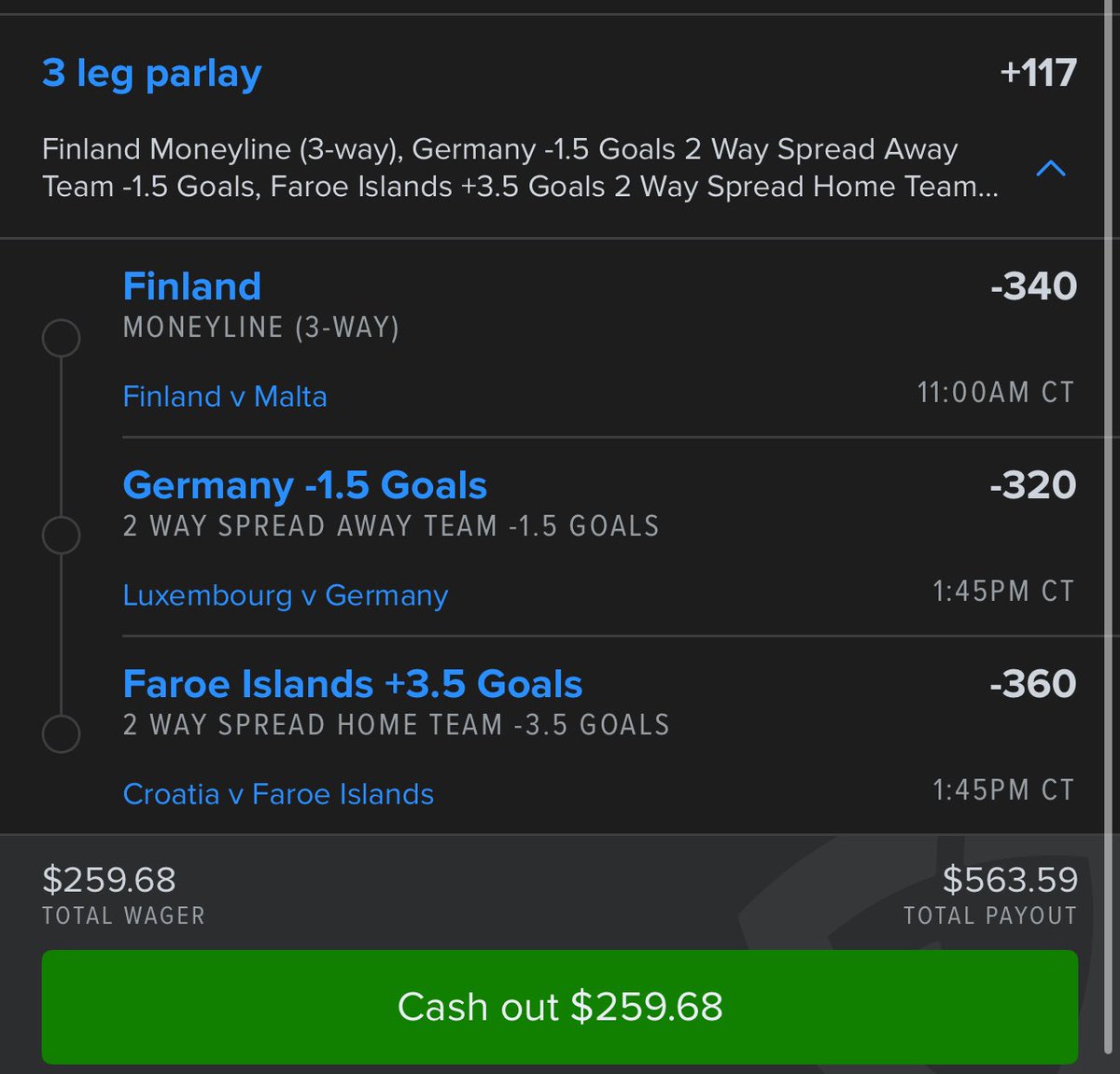 Badonkabets's tweet photo. 🪜 LADDER PLAYYY 🪜
            $269.68 ——> $588.81

3 SIMPLE LEGS HERE WITH SOME INTERNATIONAL SOCCER! LETS CASH THIS WINNER AND I HAVE MY EYES ON WHAT I LIKE FOR A BAND TONIGHT 💰💰

IT GOES LIKE THIS 
🇫🇮 
🇩🇪 
🇫🇴 
LETS RIDEEEEE https://t.co/JctNlCYGp4