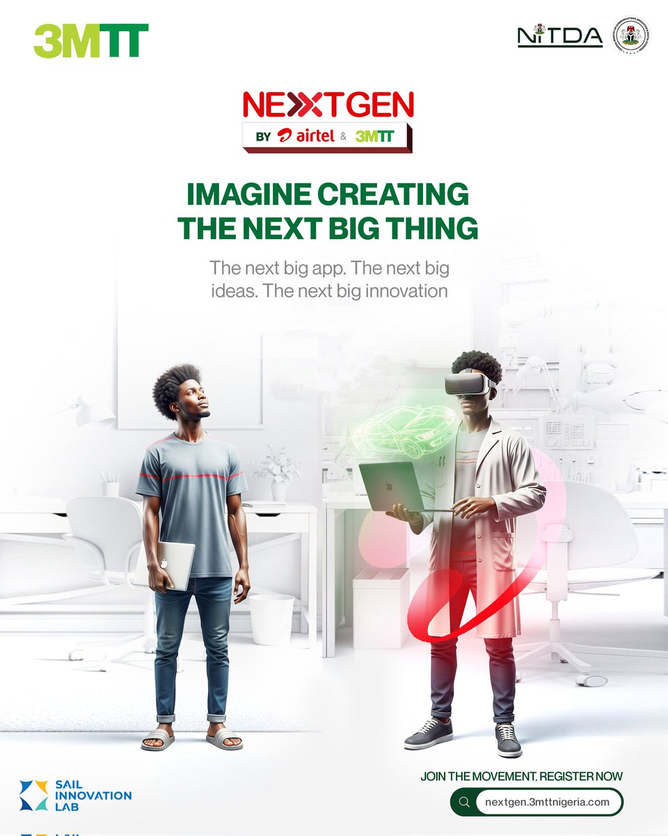 3MTTNigeria's tweet image. Imagine learning skills that open real opportunities. Now stop imagining. Start building.

Introducing the 3MTT NextGen Fellowship, powered by Airtel.

Learn Data Science, Product Design, Software Dev, AI and more.

Learn. Build. Create. Become.
Register: nextgen.3mttnigeria.com