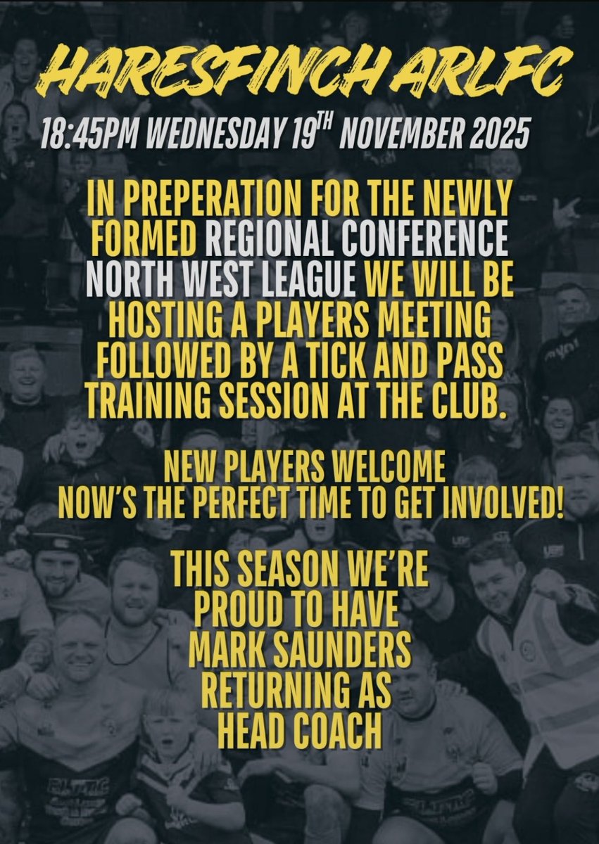 HaresfinchARLFC's tweet photo. Exciting times ahead as we prepare for the new rugby season in the National Conference North West! The squad is gearing up for a big year, and we’ll be holding a players’ meeting on Wednesday 19th November with Head Coach Mark Saunders. This will be followed by Tick and Pass 🏉 https://t.co/n9zcvx80hD
