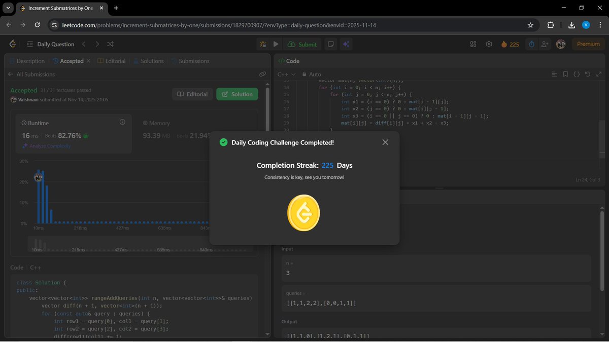 a_gupta30206's tweet image. Hey BitBuddies 👋🔥

Day 75 of my #100DaysOfCode challenge! 🚀✨

💡 LeetCode: Increment Submatrices by One

📘 GFG: Minimum Cost to Merge Stones 

Consistency &amp;gt; Motivation.

#LeetCode #GeeksforGeeks #CodingJourney #DevCommunity #buildinpublic #100DaysOfCode