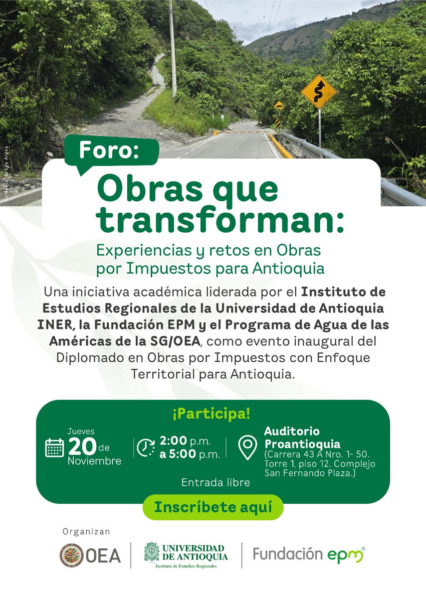 Extendemos la invitación al foro Obras que Transforman. Espacio de diálogo acerca de los avances, oportunidades y desafíos del mecanismo de Obras por Impuestos en los municipios PDET y ZOMAC.  

Para participar, debes inscribirte a través de este enlace: forms.office.com/r/D3UzPbYsuf