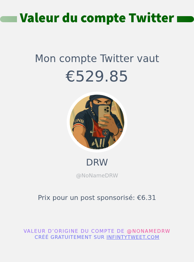 NoNameDRW's tweet photo. Mon twitter vaut: €529.85

➡️ https://t.co/BqoHrUEYhD https://t.co/g99YAGYtGM