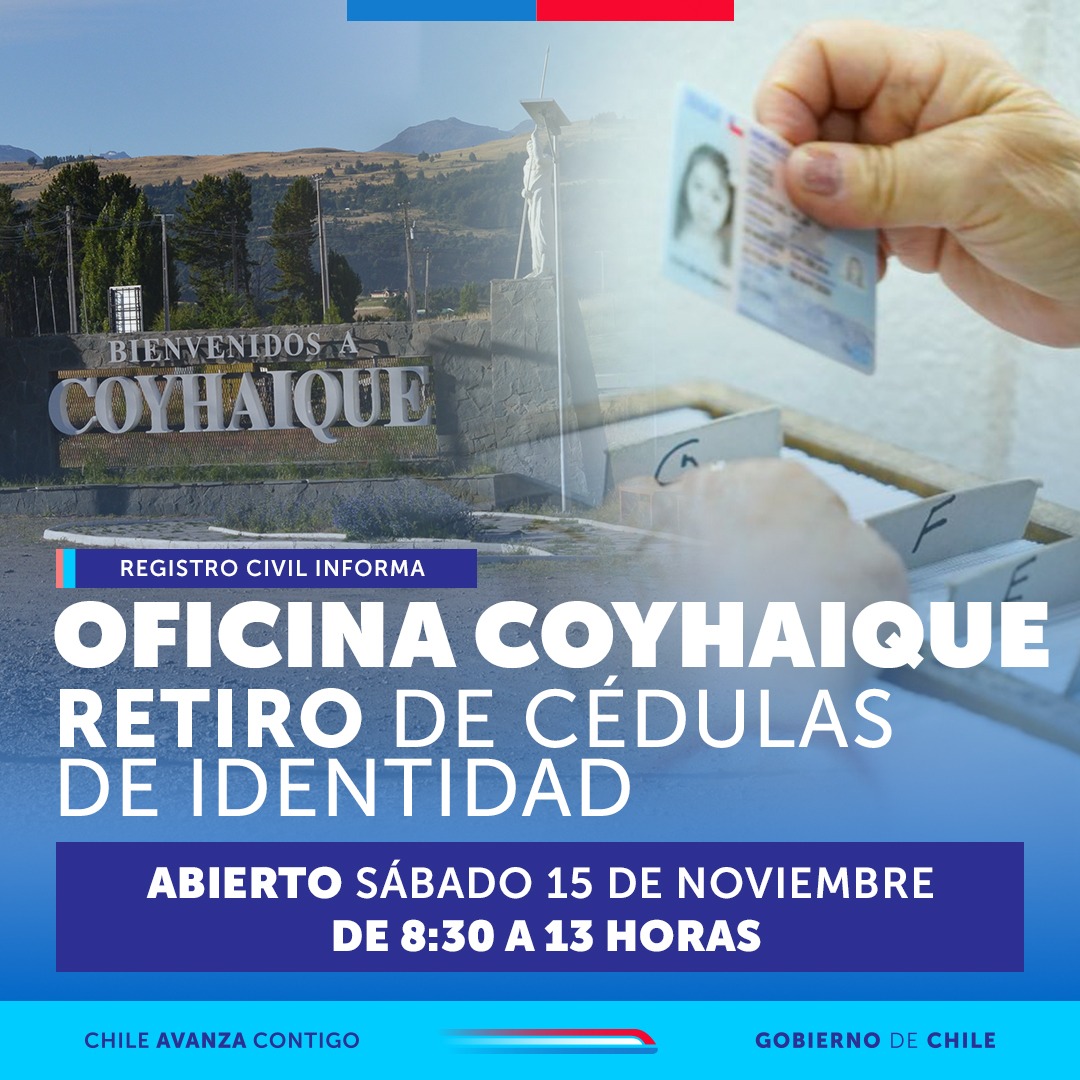 ¡Hola, querida comunidad de Coyhaique!
El Registro Civil de Coyhaique tendrá atención mañana 15 de noviembre, ¡solo para la entrega de cédulas de identidad!
🕘 Horario especial: 08:30 a 13:00 horas.
✨ Si estás esperando tu cédula, ¡te esperamos!
Ven en el horario indicado 😊.