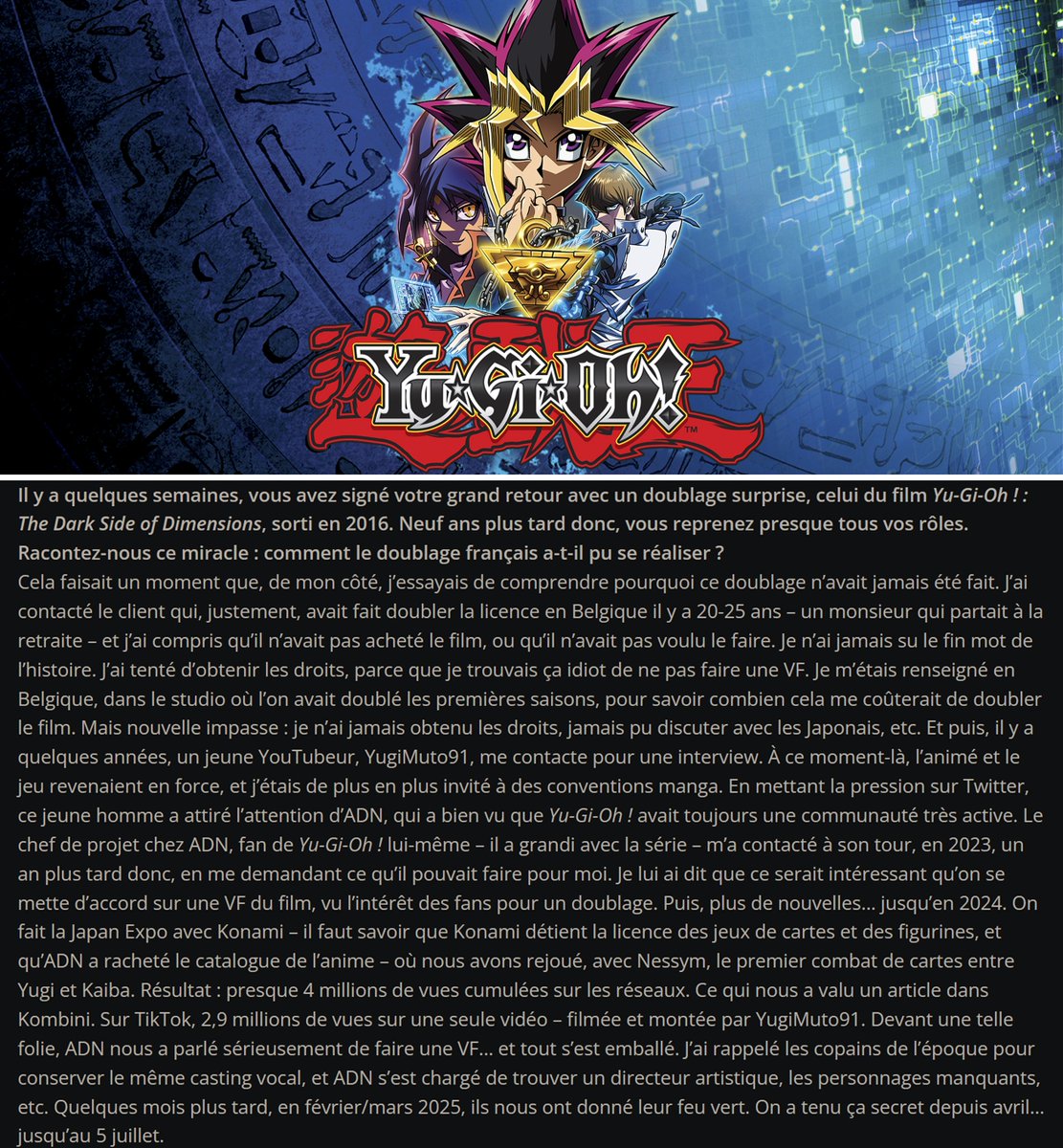 Comment la VF de Dark Side of Dimensions a pu voir le jour ? 🇫🇷

Laurent Sao (VF de Yugi) vous dit tout !