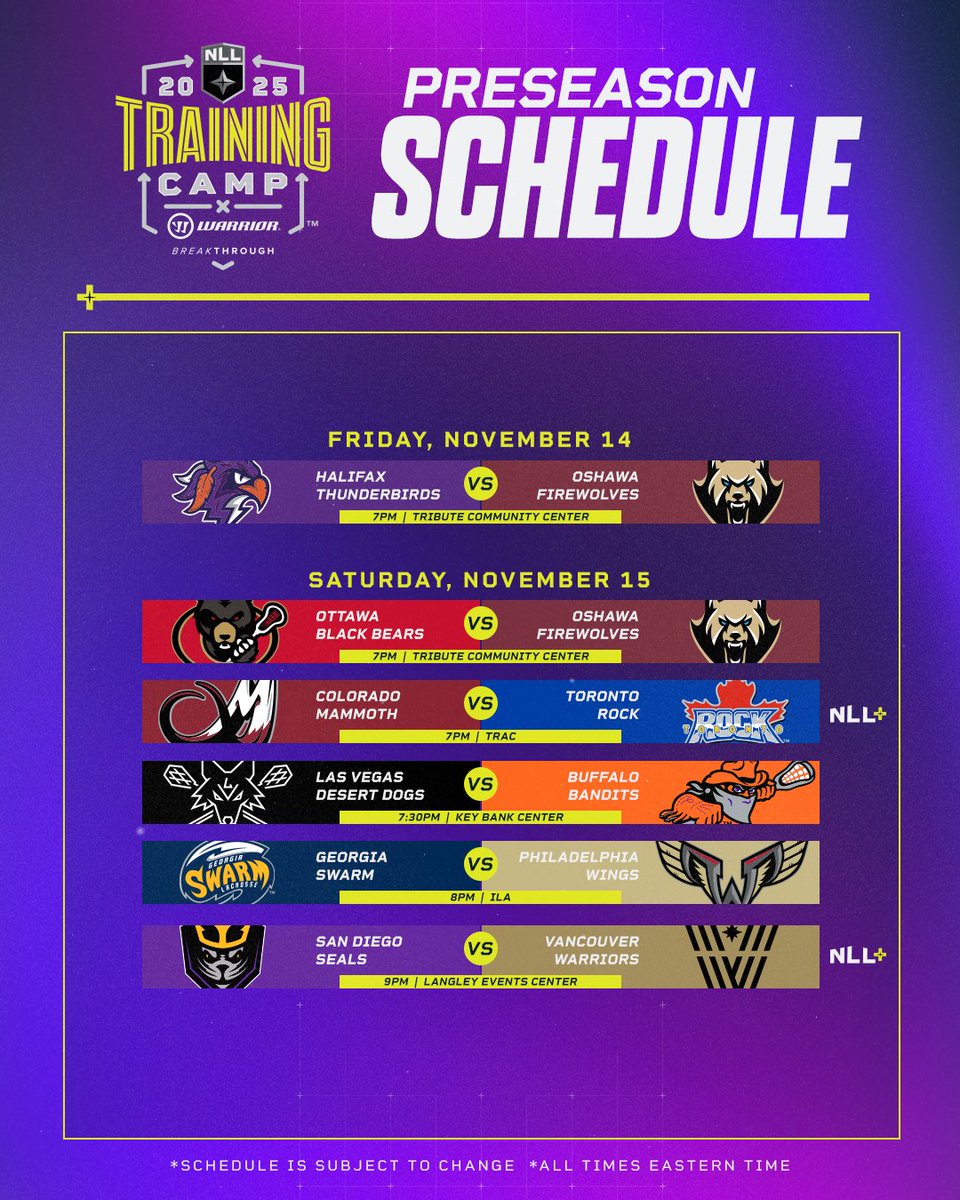 2025 NLL Training Camp presented by <a href="/warriorlax/">Warrior Lacrosse</a> rolls on as teams get one step closer to the regular season. 🔥

Select preseason matchups will stream live on NLL+ and will be available to everyone for FREE.