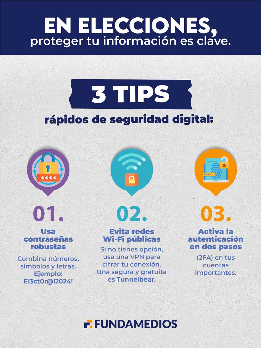 FUNDAMEDIOS's tweet image. 🔐📲 Protege tu información en jornada electoral: activa la verificación en dos pasos, usa apps cifradas, actualiza equipos y haz copias de seguridad del material.

Sigue el paso a paso en la Caja de Herramientas  ➡️ fundamedios.org.ec/wp-content/upl…

 #ReferéndumYConsulta2025…