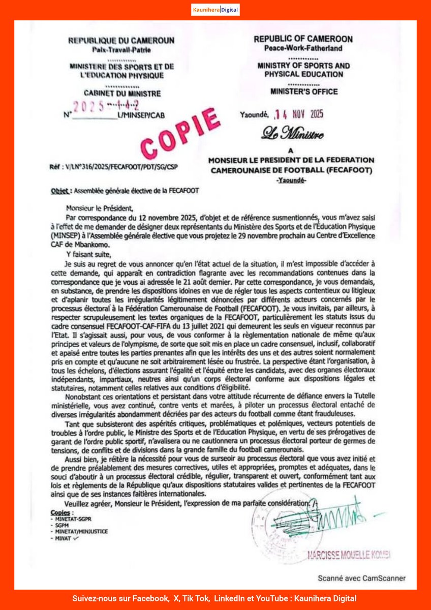 Le gouvernement camerounais suspend le processus électoral de la FECAFOOT 
#Cameroun #Fecafoot