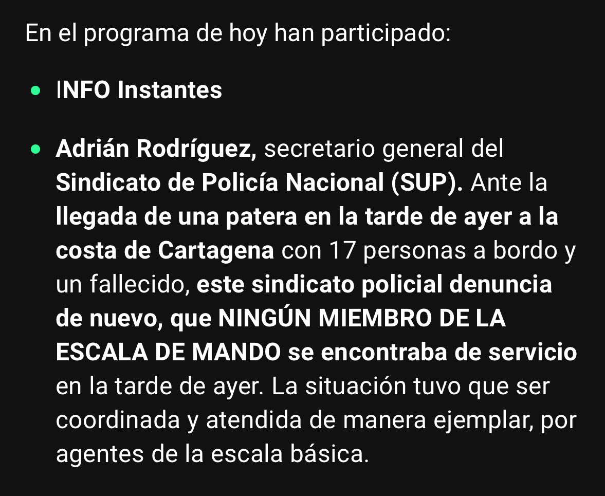 Nuestro Secretario General <a href="/AdrianRP_79/">Adrian Rodriguez</a>  expone la situación de ausencia de mandos en la comisaría local de Cartagena

Seguimos siendo el sindicato de referencia también para los medios de comunicación!!

<a href="/Sup_Policia/">SUP</a> <a href="/DelegGobMurcia/">Delegación del Gobierno en la Región de Murcia</a> <a href="/info_dgp/">Dirección General de la Policía</a> <a href="/OndaCero_es/">Onda Cero</a>