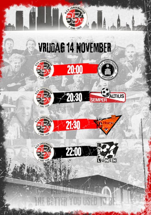 Vanavond komen de mannen van de 35+ weer in actie. Op eigen terrein gaan zij er een gezellige avond van maken en spelen zij onderstaande wedstrijden.