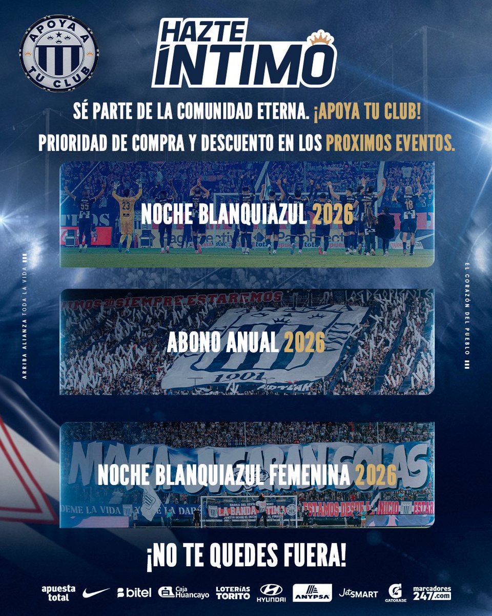 ¡𝐒𝐞́ 𝐩𝐚𝐫𝐭𝐞 𝐝𝐞 𝐥𝐚 𝐜𝐨𝐦𝐮𝐧𝐢𝐝𝐚𝐝 𝐞𝐭𝐞𝐫𝐧𝐚! 🔵⚪️🔵

¡Hazte íntimo y apoya a tu club! 💙

Disfruta del beneficio de acceder a la prioridad de compra de entradas y descuento en los próximos eventos. 🤩

Suscríbete aquí➡️ hazteintimo.clubalianzalima.com.pe/planes

#ConAlianzaSiempre