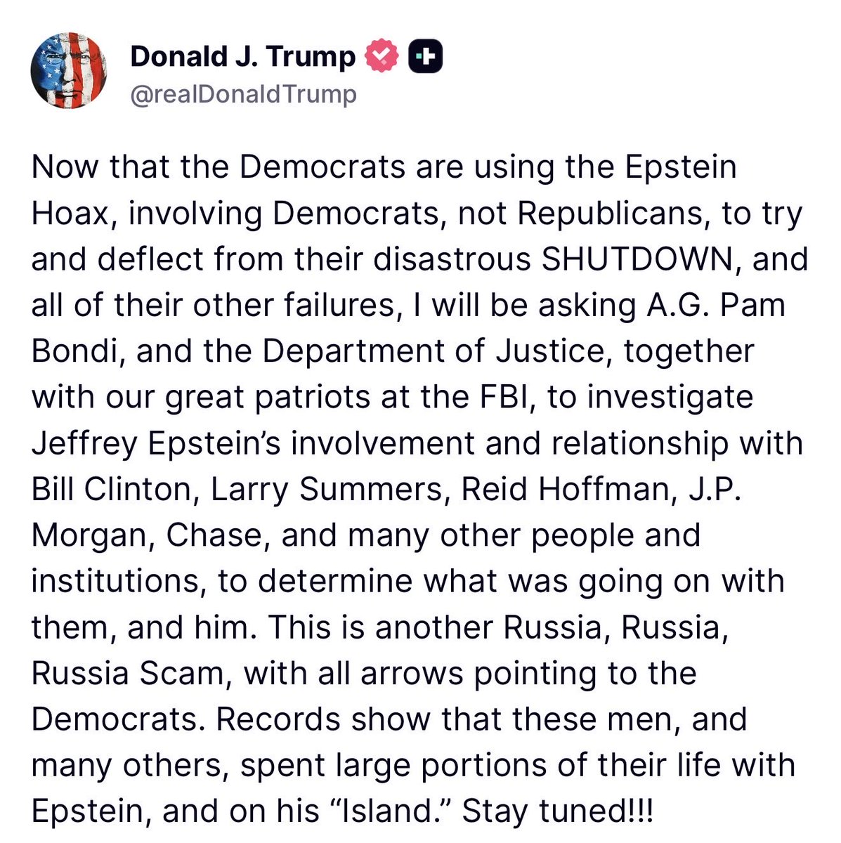 MAGAVoice's tweet image. BREAKING 🚨 President Trump has instructed the DOJ to investigate the relationship of Bill Clinton, Larry Summer, Reid Hoffman and JP Morgan with Jeffrey Epstein

LET’S FREAKING GO 🔥