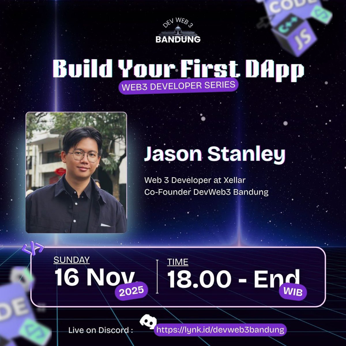 DevWeb3Bandung's tweet image. 🚀 Build Your First DApp (Online Session)

Buat yang ketinggalan workshop kemarin, kita buka sesi lanjutan versi online bareng Web3 Dev. Xellar!

📅 Minggu, 16 Nov 2025
🕕 18.00 WIB – End
📍 Discord
🔗 lynk.id/devweb3bandung

(Ramah untuk kamu yang mau switch dari Web2 ke Web3)