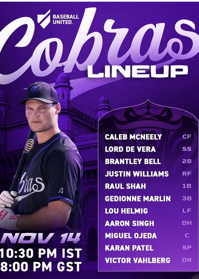 INTLBaseball24's tweet photo. The lineups for the Karachi Monarchs and Mumbai Cobras. The designated runners are actually listed in the starting lineup https://t.co/cAJIjojXYM