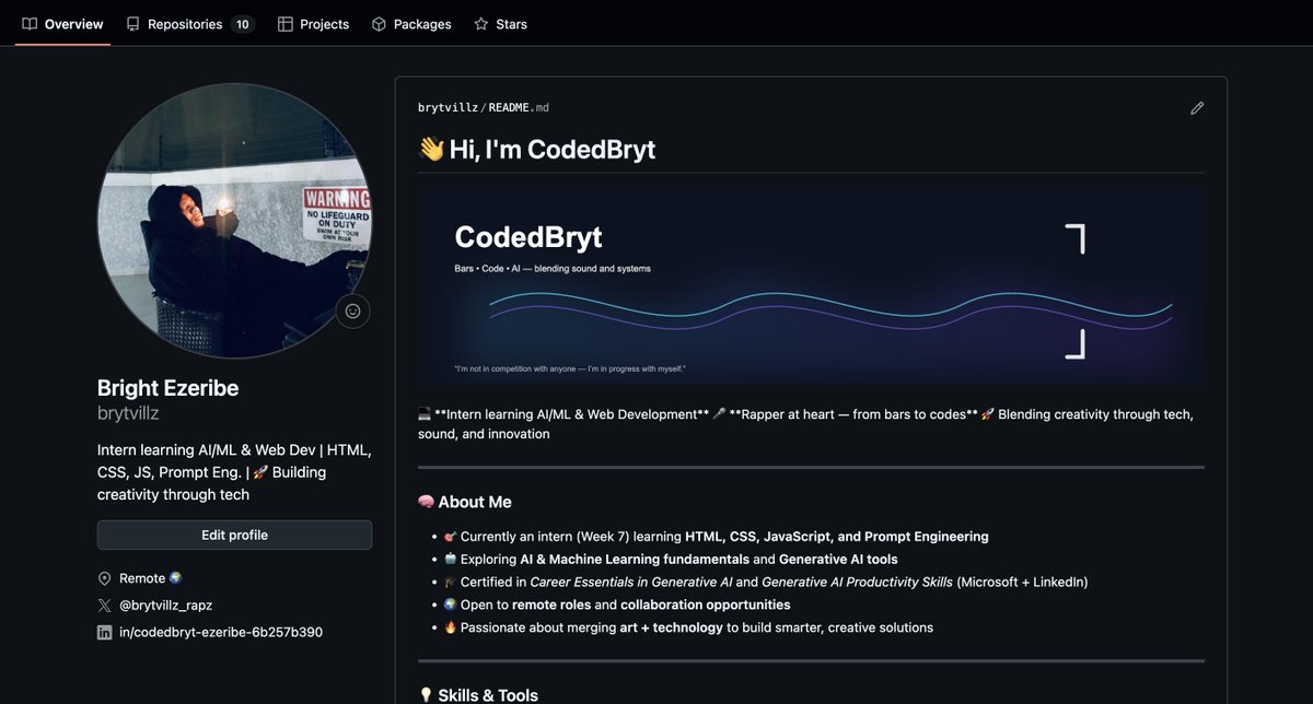 brytvillz_rapz's tweet image. github.com/brytvillz
Finally taken control of my github, studied and practiced the basic, its really amazing what github can do, especially coding with it.

Transformed my github from thinking its just a storage platform to  this ☺️ 👌🏻.

open to learning more...