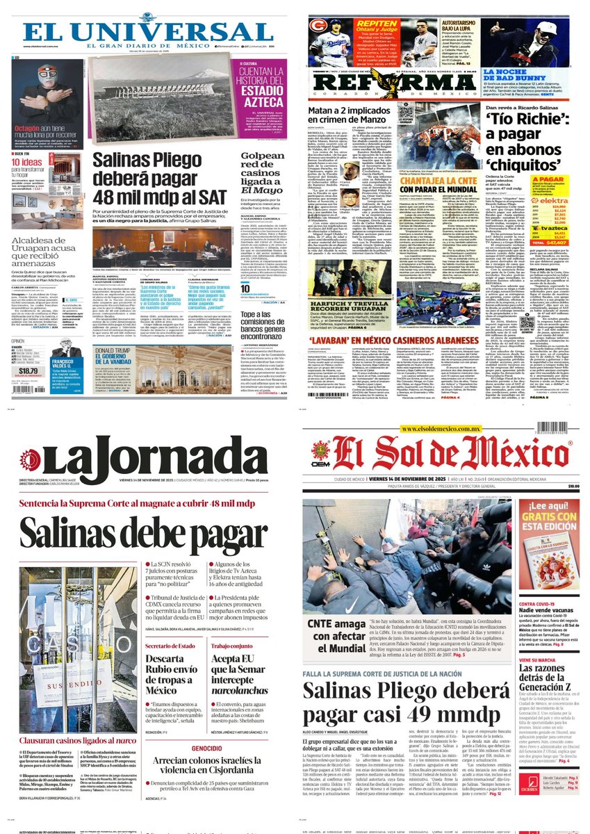 castroclemente's tweet image. Las #PrimerasPlanas 
#EnPortada 
- El &quot;Tío Richie&quot; debe pagar
- CNTE: regresa el caos y la violencia 

Hay #monos con el hacha dando 

EsTT: Salinas Pliego y SCJN; Día Mundial de la Diabetes Manola y Buen Fin 

#Portadas
#TromoposyPirinolas
#FelizViernesATodos