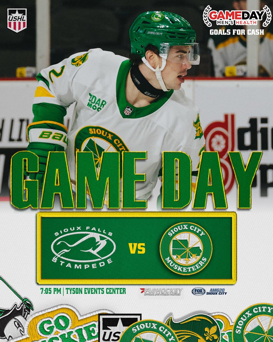 Musketeerhockey's tweet image. Who wants to win some cash💰

💸 Gameday Men&apos;s Health Goals for Cash 
🎫 bit.ly/4nR8mrw
🆚 Sioux Falls Stampede
📍 @TysonEventsCent 
🕖 7:05 pm
📺 @FloHockey 
📻 620 KMNS 

#SCMusketeers | #USHL | #SiouxCity