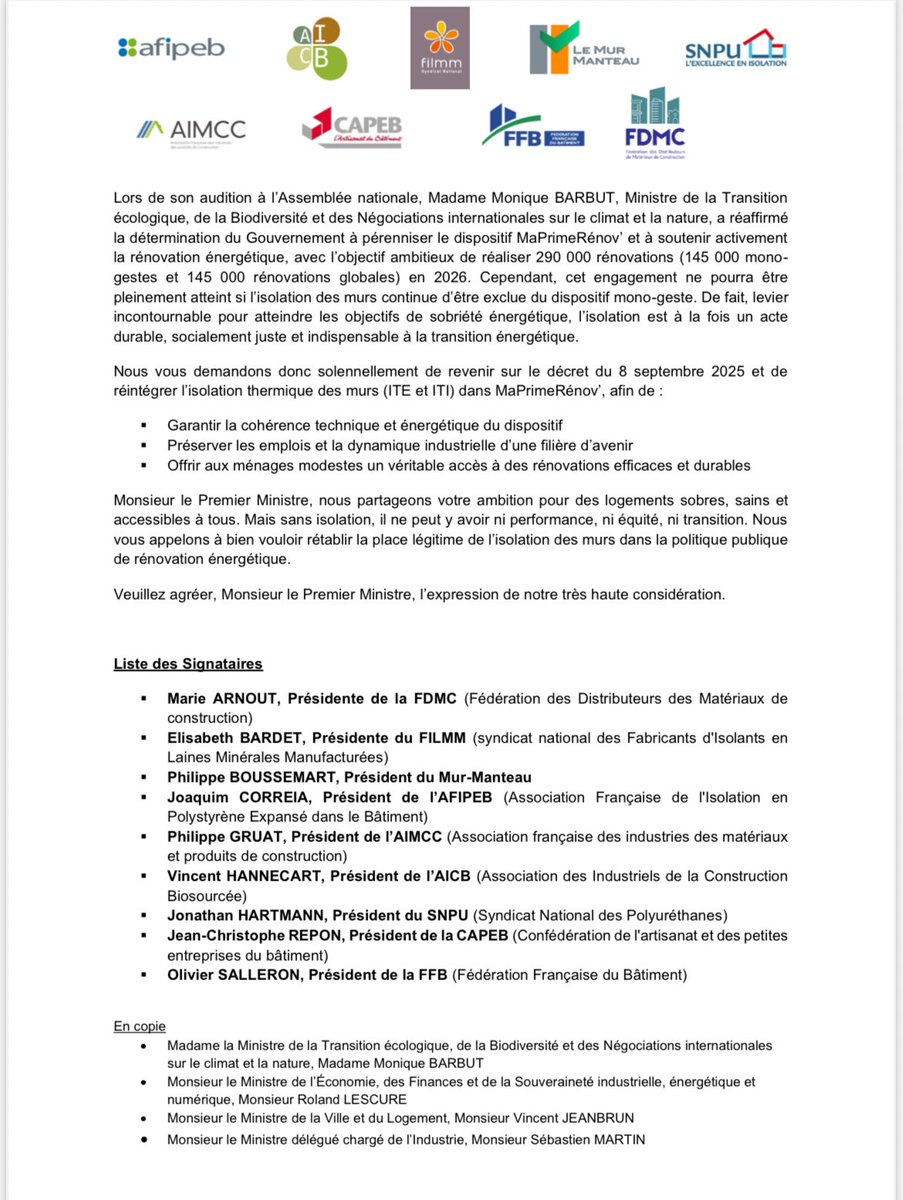 Une nouvelle fois, la CAPEB s’est associée à l’ensemble de la filière française de l’isolation thermique des murs pour alerter le Premier ministre sur les conséquences de l’exclusion de ce geste clé du dispositif MaPrimeRénov’ « mono-geste » à partir de 2026.
 
Dans cette lettre