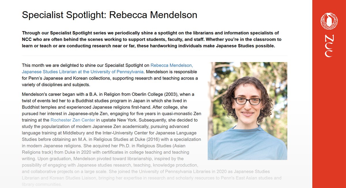We're delighted to host a #NCCSpecialist Spotlight highlighting the career path of Dr. Rebecca Mendelson, Japan Studies Librarian <a href="/upennlib/">The Penn Libraries</a>! Learn about her start in Buddhism &amp; the fascinating collections &amp; programming she supports in Japan/Korean Studies! guides.nccjapan.org/homepage/news/…