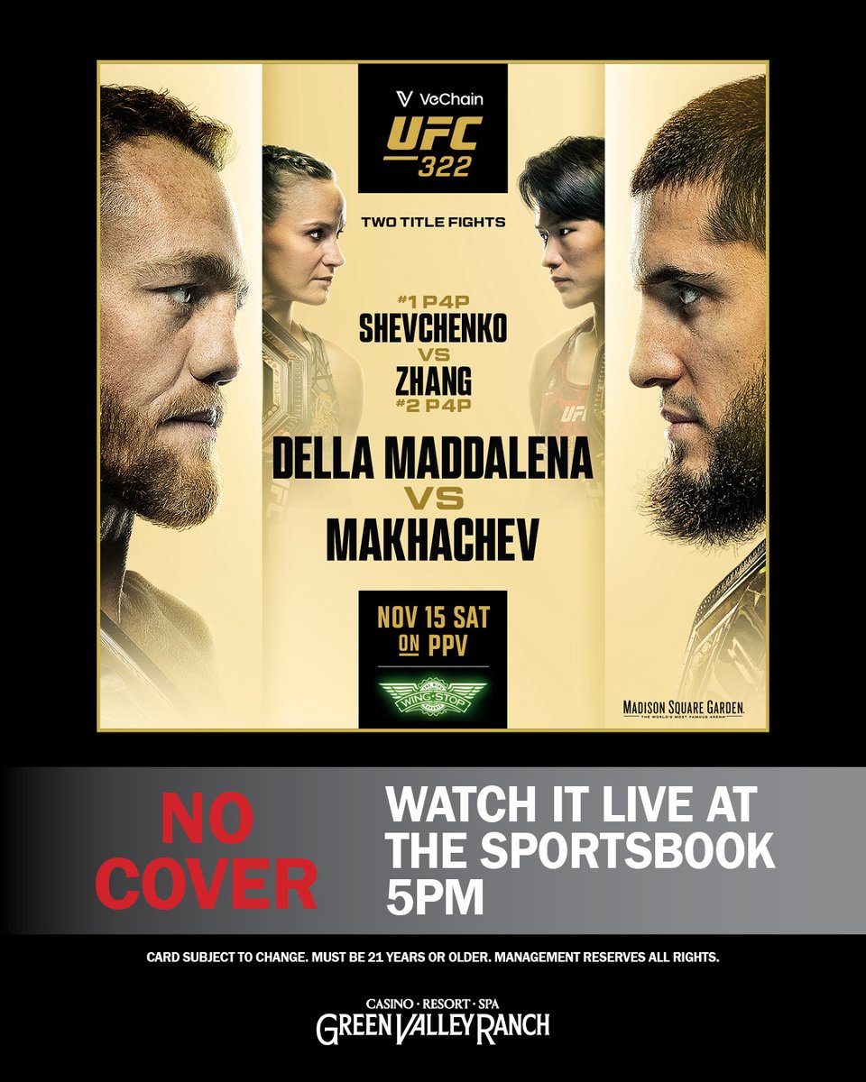 Fight night just got bigger. 🥊 Catch two epic title fights, Shevchenko vs. Zhang and Della Maddalena vs. Makhachev LIVE this Saturday, November 15, at the GVR Sportsbook with NO COVER. 

Event begins at 5pm.