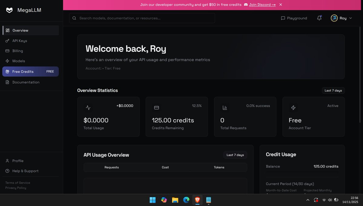 RoyZennet's tweet image. New OpenRouter Alternatives
Its amazing, it gives you $75+$50 for early signup

You can use it for Code, Image, Video Generation and more, it also has playground chat too
Check it out, dont miss this offer

megallm.io/ref/REF-ZKACOP…

#OpenRouter #MegaLLM #FreeAIModel #FreeAIAPI