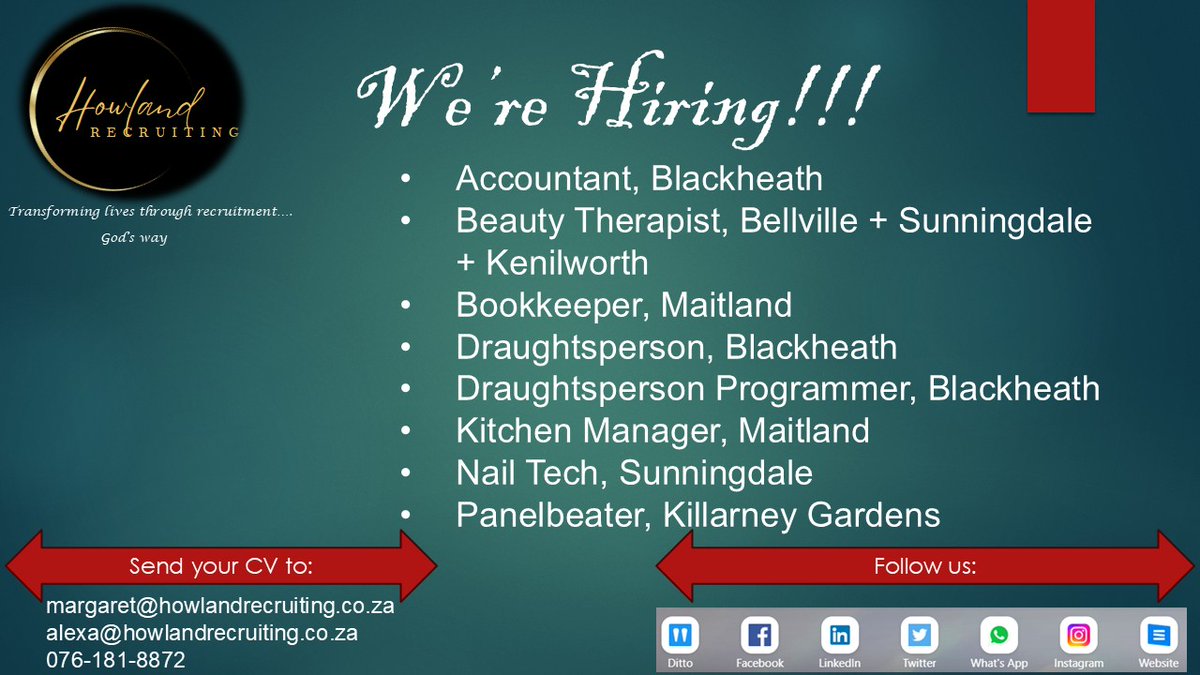 HowlandRec2024's tweet image. e-mail margaret@howlandrecruiting.co.za or alexa@howlandrecruiting.co.za
