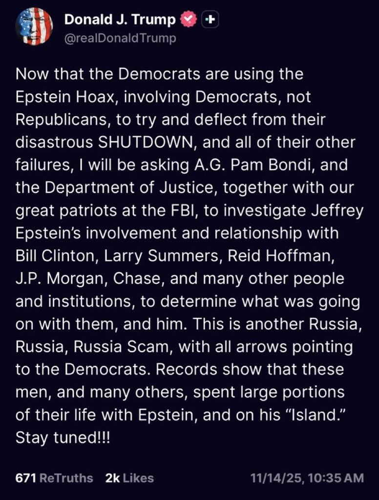 RpsAgainstTrump's tweet image. BREAKING: Trump says he will ask AG Pam Bondi and the DOJ to investigate Epstein’s ties to Clinton and other Democrats after newly released emails expose Trump’s nefarious relationship with the convicted pedophile.