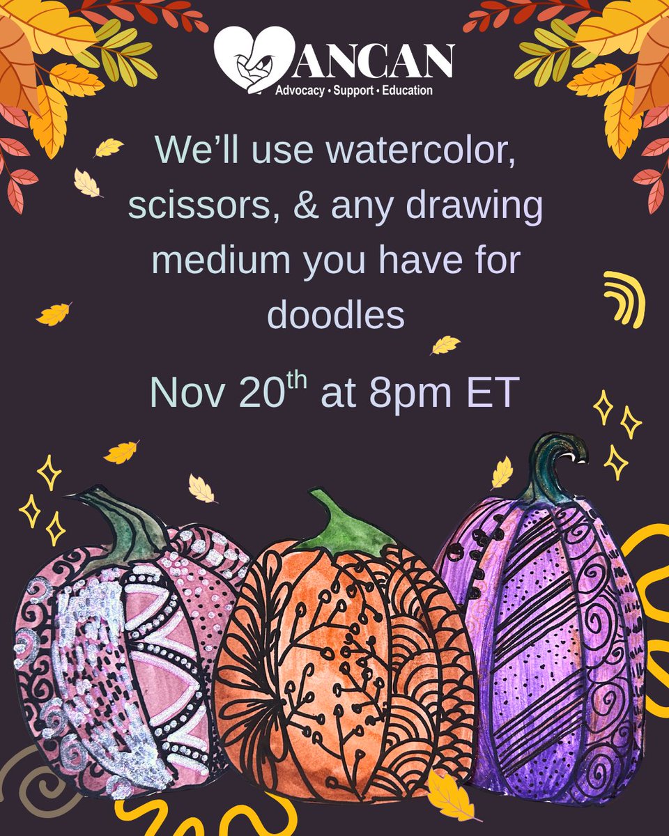 ancan501c3's tweet image. Need another art class? We&apos;ve got you! We&apos;ll be combining patterns + autumn vibes to create some cozy doodles. Bring your watercolors and anything you want to make some doodles with. Your instructor will guide you every step of the way! 
docs.google.com/forms/d/e/1FAI…
#artastherapy