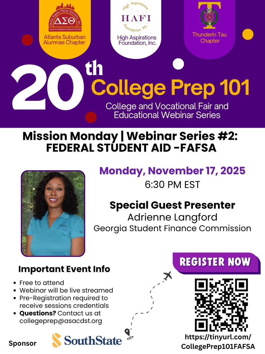 #MondaysAre for #Football and #FAFSA!! 
Join us for College Prep 101:  Mission Monday Webinar #2 -- Federal Student Aid (FAFSA) to hear from the Georgia Student Finance Commission's Adrienne Langford.  Register for the webinar, today at tinyurl.com/CollegePrep101… .  #Share