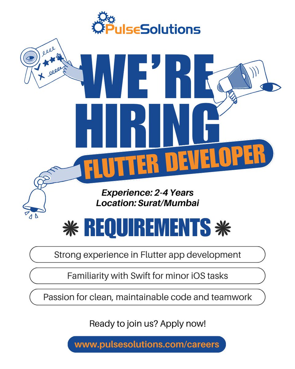 pulsesolutions's tweet image. 🚀 We’re Hiring: Flutter Developer (Full-Time)

Passionate about building great mobile apps? Join our team!

📍 Surat / Mumbai
🧠 2–4 Years Experience

👉 Apply now: pulsesolutions.com/careers/flutte…

#HiringNow #FlutterDeveloper #TechCareers #AppDevelopment #JoinOurTeam #JobOpenings
