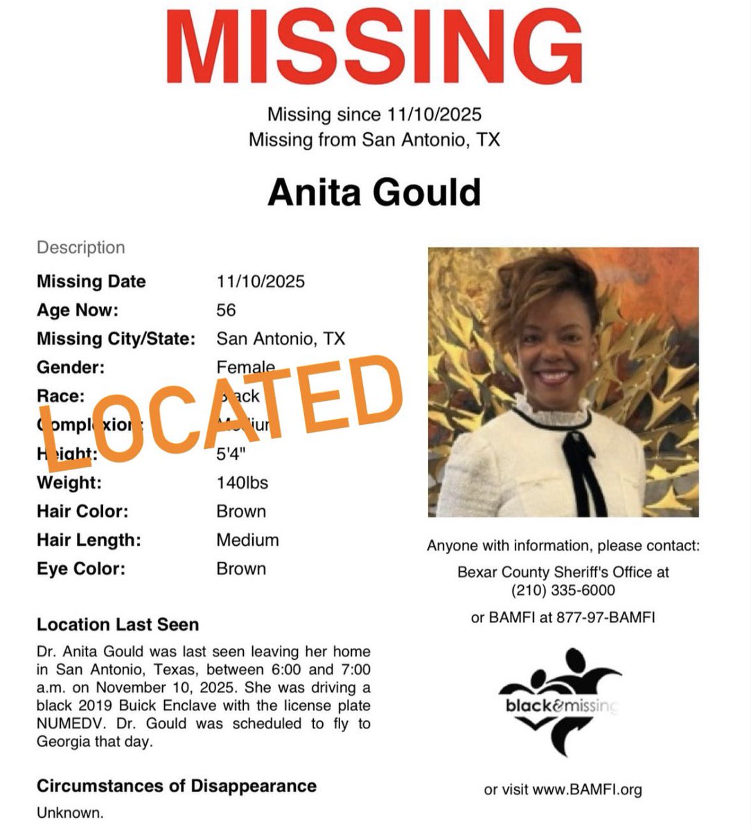 Update from Bexar County Police: 

“UPDATE 11/13/25: Anita has been located. BCSO Missing Persons Deputies and Patrol Deputies have been searching the area around her home/neighborhood. Her vehicle was located on the 14600 block of Potranco Road. Anita was found alive in her