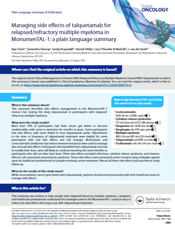 PlainLangSumm's tweet image. New insights on managing talquetamab-related effects in multiple myeloma patients from MonumenTAL-1 trial. Learn more👇
hubs.ly/Q03T2Lvb0

#PlainLanguageSummary #MultipleMyeloma