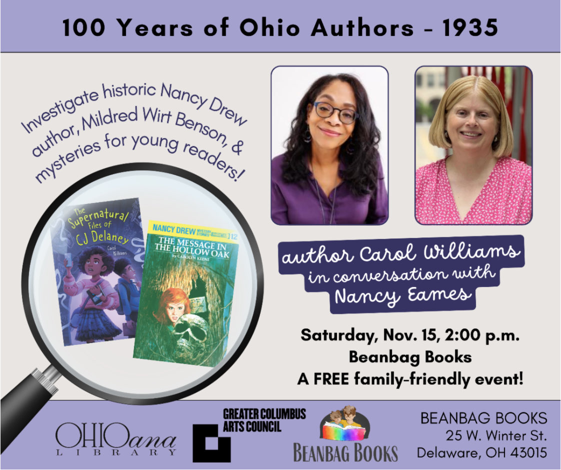 MNZOODDS's tweet image. Ohioana Library Event

100 Years of Ohio Authors: 1935 - Mildred Wirt Benson &amp;amp; Carol Williams
Beanbag Books, 25 West Winter Street, Delaware, Ohio

Saturday, November 15th at 2:00PM

Ohioana Library is excited to present &quot;100 Years of Ohio Authors&quot; — an event series celebrating a…