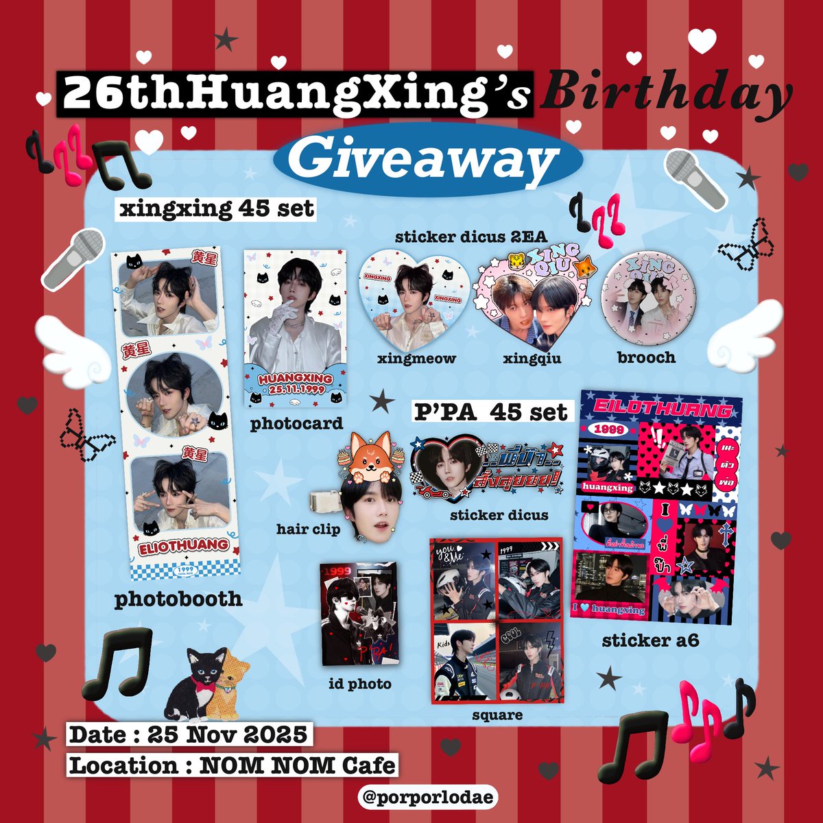 𐙚 kindly rt  ⋆˚🥣˖°

:¨ ·.· ¨:
 `· . 𐙚 giveaway #ShineWithHUANGXING

𓈒 ☆  ⃰ xingxing 45set יִ 🐈‍⬛🪽 .

𓈒 ☆  ⃰ p’pa 45set יִ🦊🦋 .

🗓️ : 25 Nov.
🕚 : tba
🏡 : Nom Nom Cafe

˗ˋˏ rt &amp; show this tw ໒꒱‧₊˚

( #HuangXing #EliotHuang #黄星 )