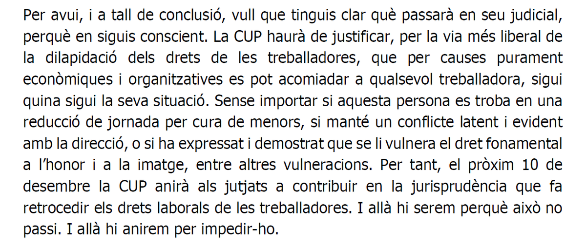Tvbi_'s tweet photo. El 10 de desembre la CUP defensarà als jutjats que es pot acomiadar una treballadora per motius “econòmics i organitzatius”, encara que tingui reducció de jornada per cura de menors i hagi denunciat vulneracions de drets fonamentals.

Allà hi serem perquè això no passi. https://t.co/q3eBq4KXjN