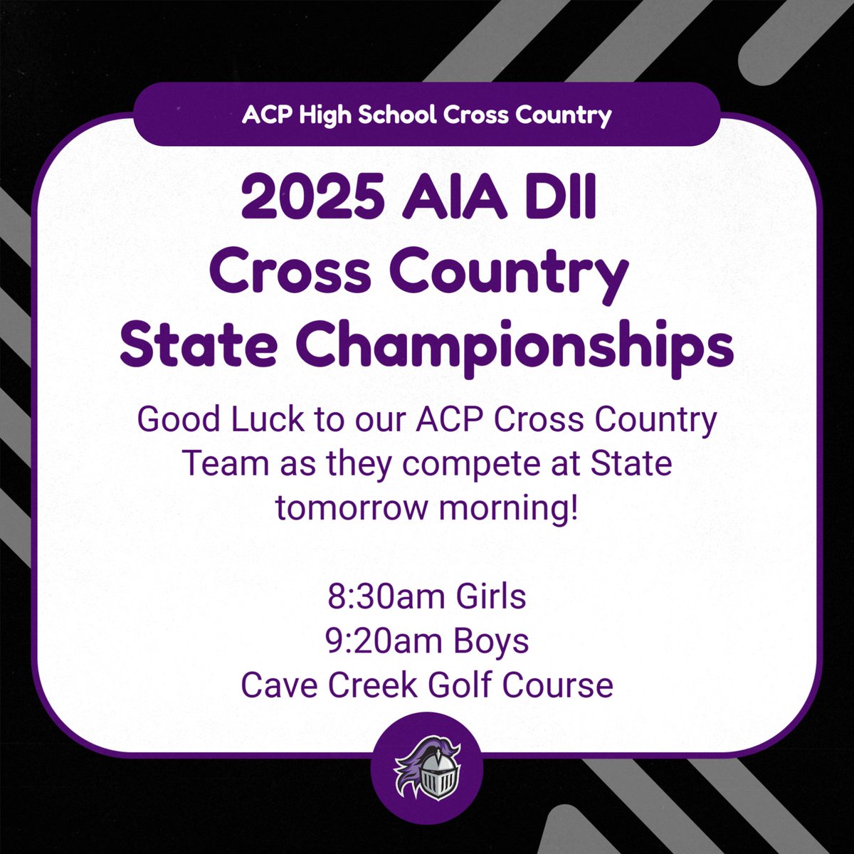 ACPAthletics's tweet photo. It’s State Time! Wishing our ACP Cross Country teams the best of luck at the AIA DII State Meet tomorrow! You’ve trained for this moment. Run with pride, run for the Knights! #GoKnights #ACPCrossCountry #AIAState @cusdathletics https://t.co/4CXFIluQvm