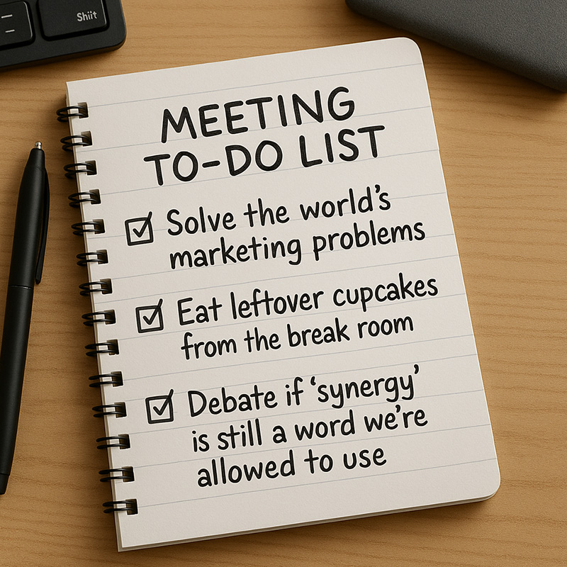 SuddenImpact653's tweet photo. Meeting agenda:

☑️ Solve the world's marketing problems
☑️ Eat leftover cupcakes from the break room
☑️ Debate if "synergy" is still a word we're allowed to use

#AgencyLife #RealTalk #MarketingHumor #WorkCulture https://t.co/FngRGyZAnH